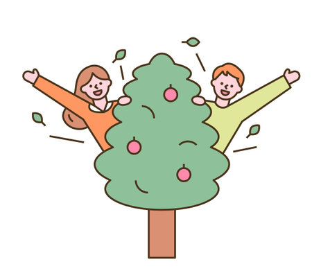 Cute boy and girl pop out of the tree and greet. flat design style minimal vector illustration.のイラスト素材