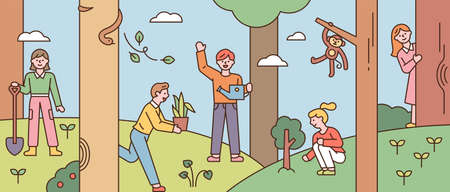 In the forest background, people are taking care of nature. flat design style minimal vector illustration.のイラスト素材