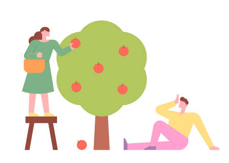 A man and a woman are harvesting the fruit of the tree. flat design style minimal vector illustration.のイラスト素材