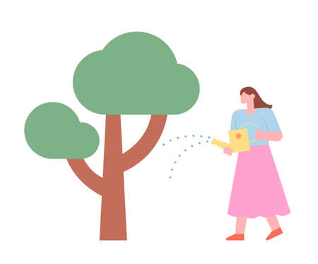 A woman is watering a tree with a watering can. flat design style minimal vector illustration.のイラスト素材