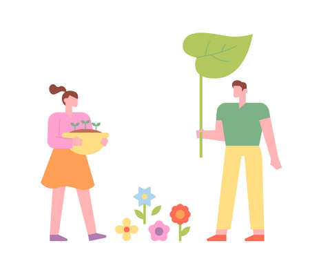 Romantic man and woman holding flowers and leaves. flat design style minimal vector illustration.のイラスト素材