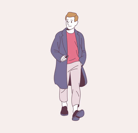 The man in the coat is walking. hand drawn style vector design illustrations.のイラスト素材