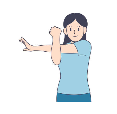 A girl is stretching while pulling one arm. hand drawn style vector design illustrations.のイラスト素材