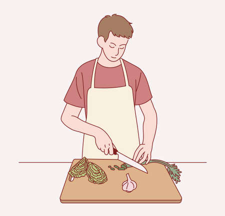 A boy is wearing an apron and cutting vegetables. hand drawn style vector design illustrations.のイラスト素材