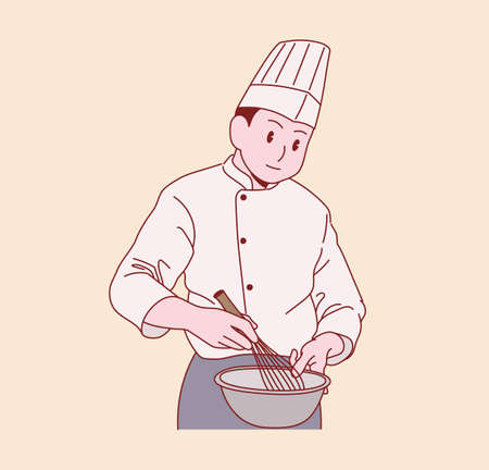 A male chef is cooking. hand drawn style vector design illustrations.のイラスト素材