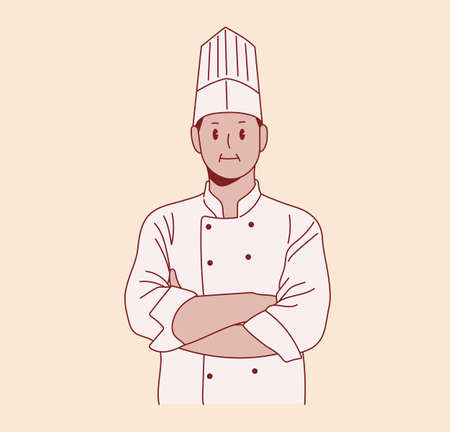 A male chef poses with confidence. hand drawn style vector design illustrations.のイラスト素材
