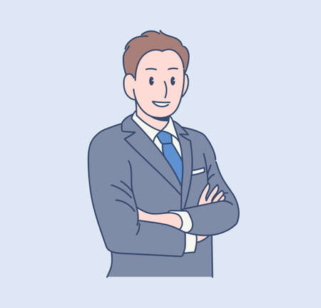 A male office worker is standing in a confident pose. hand drawn style vector design illustrations.のイラスト素材