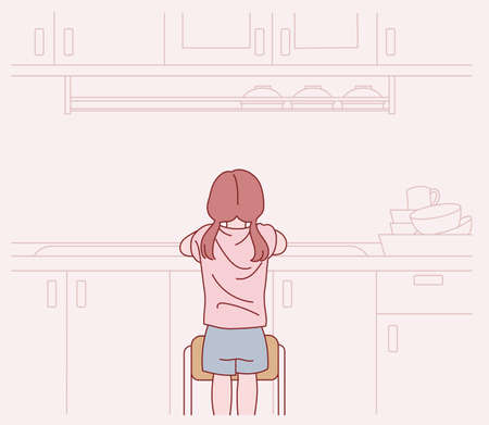 The back view of a little girl washing the dishes. hand drawn style vector design illustrations.のイラスト素材