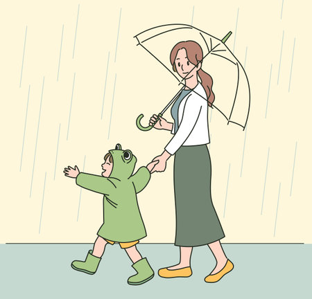A mother and a child in frog raincoats are walking happily in the rain. hand drawn style vector design illustrations.のイラスト素材