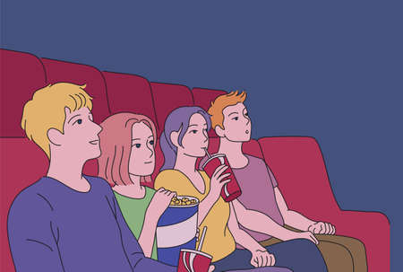 People watching a movie in a dark theater. hand drawn style vector design illustrations.のイラスト素材
