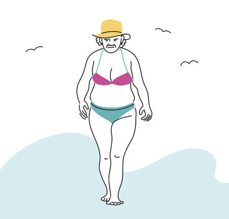 An old lady in a swimsuit is walking on the beach. hand drawn style vector design illustrations.のイラスト素材