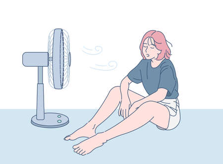 A girl is sitting in front of a fan to cool off. hand drawn style vector design illustrations.のイラスト素材