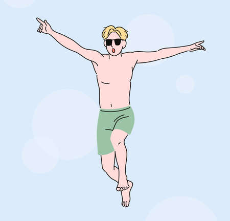 A man who came to the beach in the summer is jumping excitedly wearing a swimsuit. hand drawn style vector design illustrations.のイラスト素材