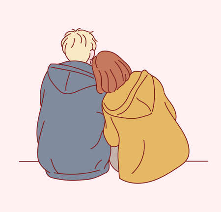 The back view of an affectionate male and female couple. hand drawn style vector design illustrations.のイラスト素材