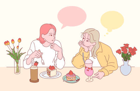 Two friends are drinking cake and juice at a strawberry dessert shop. hand drawn style vector design illustrations.のイラスト素材