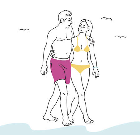 A couple in swimsuits are walking on the beach. hand drawn style vector design illustrations.のイラスト素材