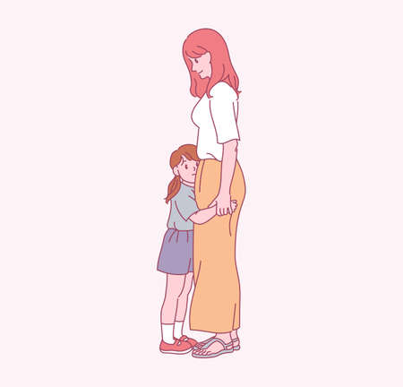 Her mom is hugging her little daughter. hand drawn style vector design illustrations.のイラスト素材