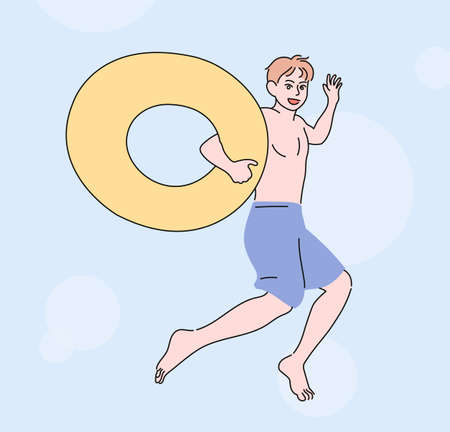 A man who came to the beach in the summer is jumping excitedly wearing a swimsuit. hand drawn style vector design illustrations.のイラスト素材