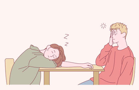A man and a woman are sleeping at the table. hand drawn style vector design illustrations.のイラスト素材