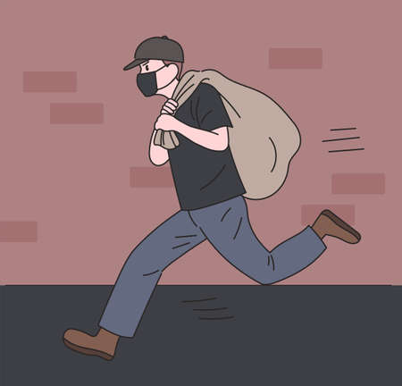A thief is running away by stealing something in a sack. hand drawn style vector design illustrations.のイラスト素材