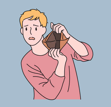 A man shows an empty wallet and makes a sad expression. hand drawn style vector design illustrations.のイラスト素材