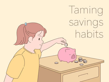 A girl is putting a coin into a piggy bank. hand drawn style vector design illustrations.のイラスト素材