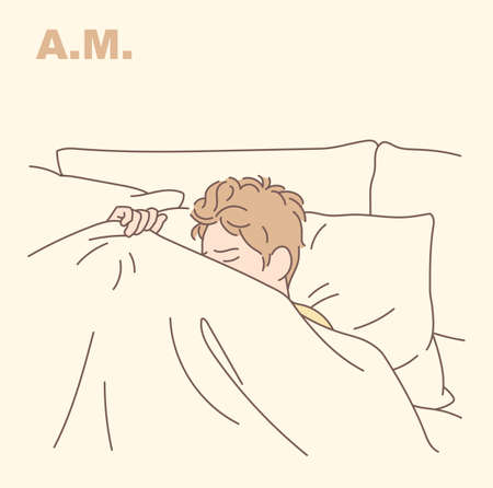 A man is lying in bed and can't fall asleep. hand drawn style vector design illustrations.のイラスト素材