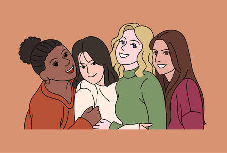 Friends are looking straight ahead with joyful expressions. hand drawn style vector design illustrations.のイラスト素材
