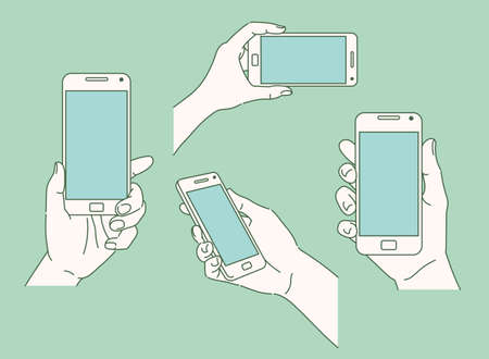 Various hand postures holding the phone. hand drawn style vector design illustrations.のイラスト素材