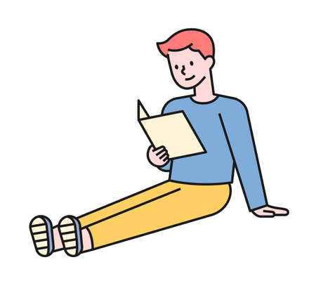 A boy is reading a book sitting with his legs stretched on the floor. flat design style minimal vector illustration.のイラスト素材