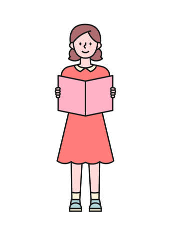 A girl in a red dress is standing with a book. flat design style minimal vector illustration.のイラスト素材