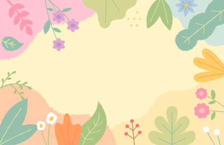 Card illustration decorated with cute flowers and leaves on the edge. Simple pattern design template.のイラスト素材