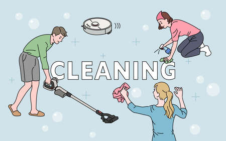 People who clean with various cleaning tools. hand drawn style vector design illustrations.のイラスト素材