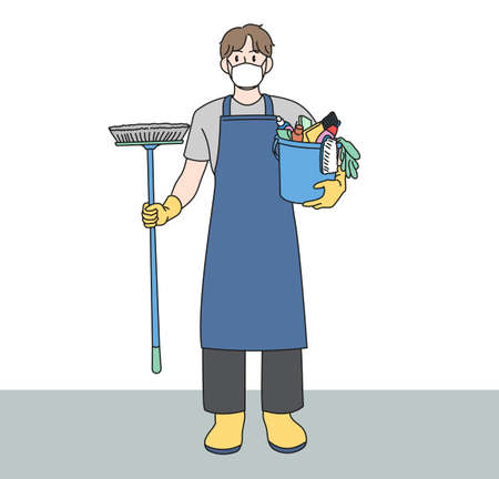 A man in an apron is holding a cleaning tool. hand drawn style vector design illustrations.のイラスト素材