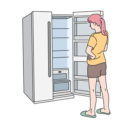 The back of a woman opening an empty refrigerator. hand drawn style vector design illustrations.のイラスト素材