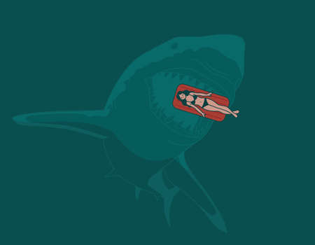 A woman is in a tube on the sea and a shark shadow is visible in the sea. hand drawn style vector design illustrations.のイラスト素材
