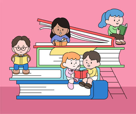 There are large books piled up and cute characters are sitting and reading books. hand drawn style vector design illustrations.のイラスト素材