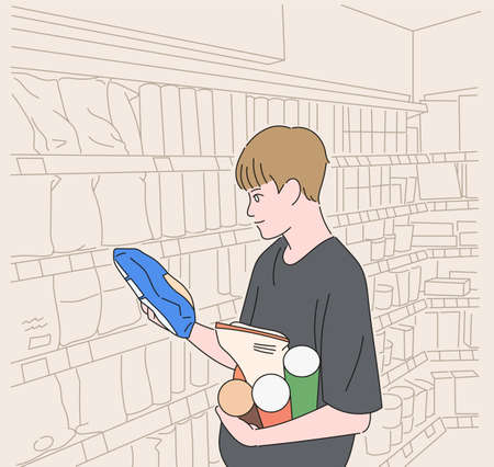 A man is choosing sweets at the supermarket. hand drawn style vector design illustrations.のイラスト素材