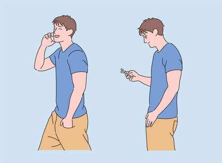 A man using a mobile phone. hand drawn style vector design illustrations.のイラスト素材