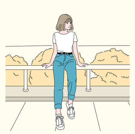 A girl is sitting on the railing. hand drawn style vector design illustrations.のイラスト素材