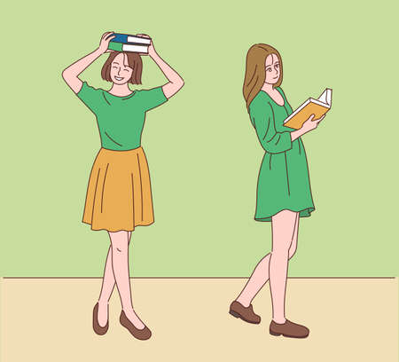Two women are walking with books on their heads or open. hand drawn style vector design illustrations.のイラスト素材