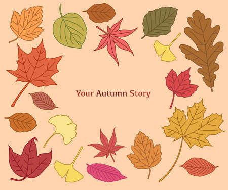 A collection of autumn leaves colored red and yellow. hand drawn style vector design illustrations.のイラスト素材