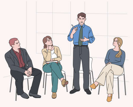 People are sitting around and sharing opinions. hand drawn style vector design illustrations.のイラスト素材