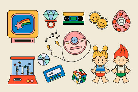Toys and objects from the 80s. outline simple vector illustration.のイラスト素材