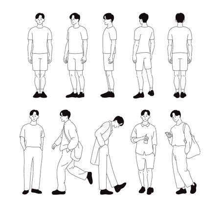 The boyl's multi-directional standing pose. Default sample. hand drawn style vector design illustrations.のイラスト素材