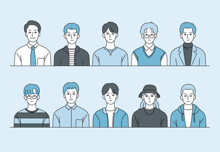 Collection of male characters in various fashion styles. hand drawn style vector design illustrations.のイラスト素材