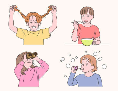 Cute behavior of children. hand drawn style vector design illustrations.のイラスト素材