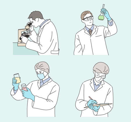 A researcher in a white gown is conducting an experiment. hand drawn style vector design illustrations.のイラスト素材