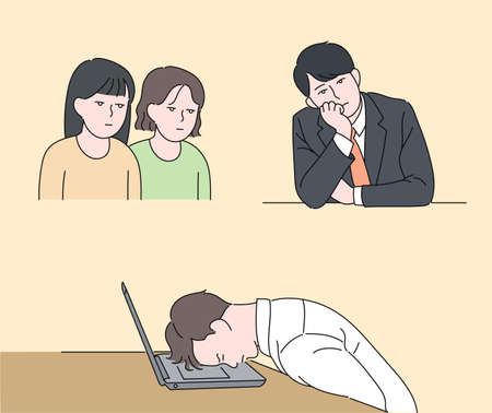 People characters with sleepy facial expressions. People dozing off in the office. hand drawn style vector design illustrations.のイラスト素材