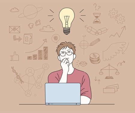 A man in glasses is thinking of an idea in front of a laptop. hand drawn style vector design...
